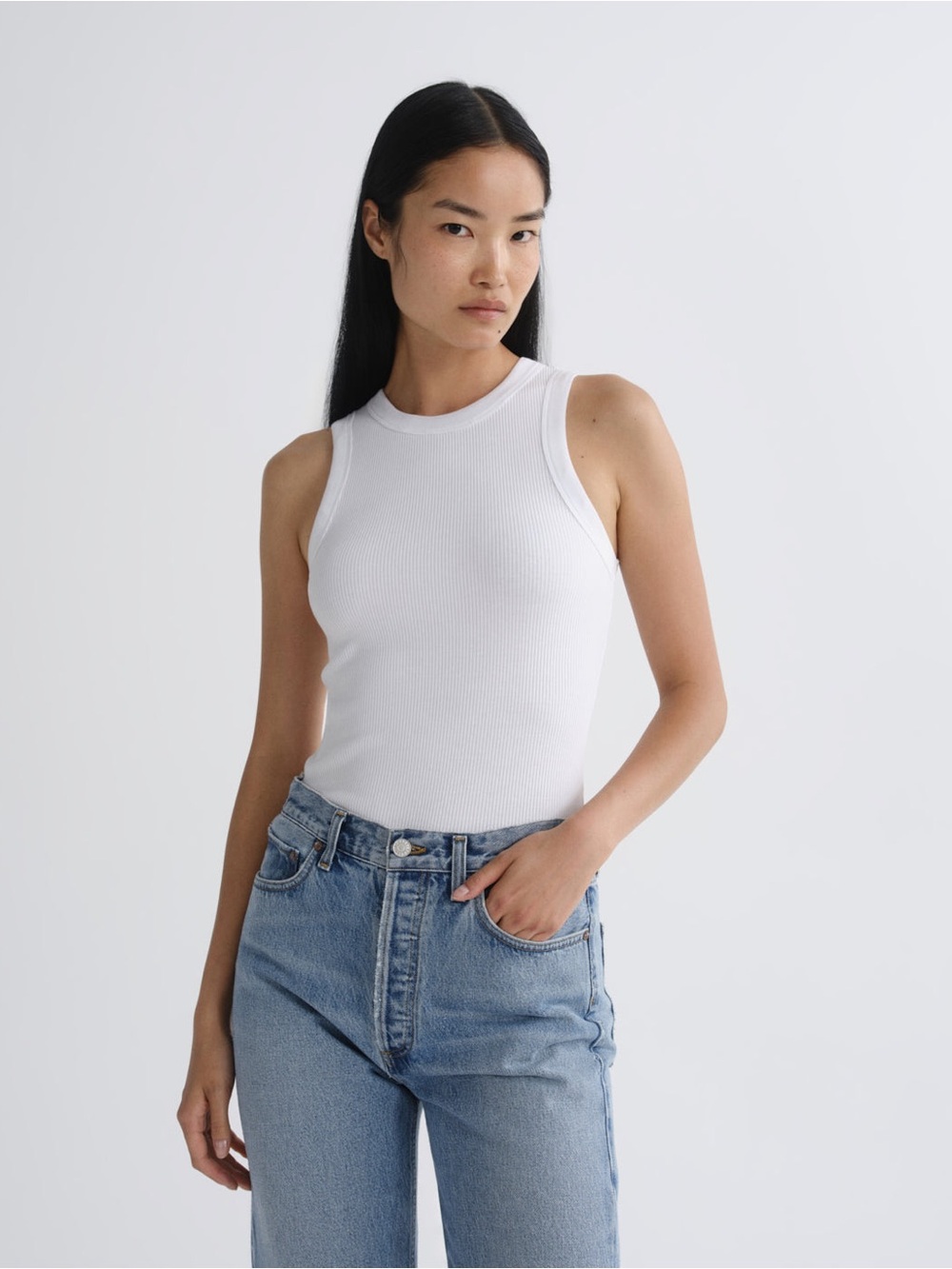 AGOLDE White Ribbed Cotton High Neck Fitted Minimalist Leigh Tank Top Size S
